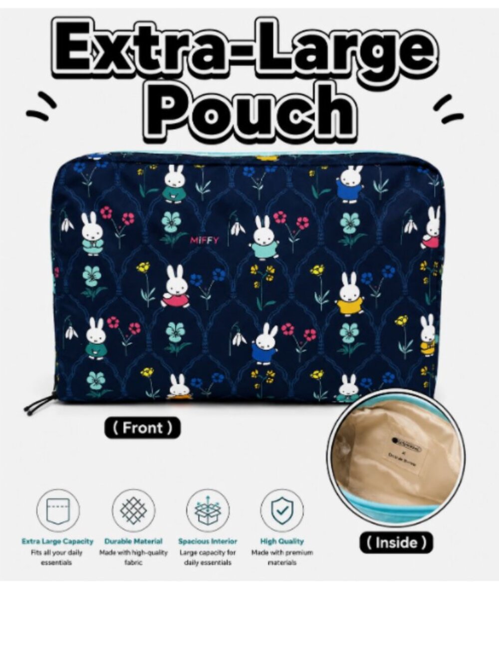 Miffy LeSportsac Floral Extra Large Makeup Travel Cosmetic Pouch Organizer Bag